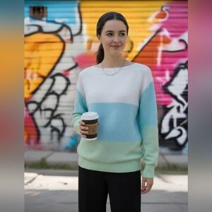 Colorblock Crewneck Sweater in White, Light Blue & Mint